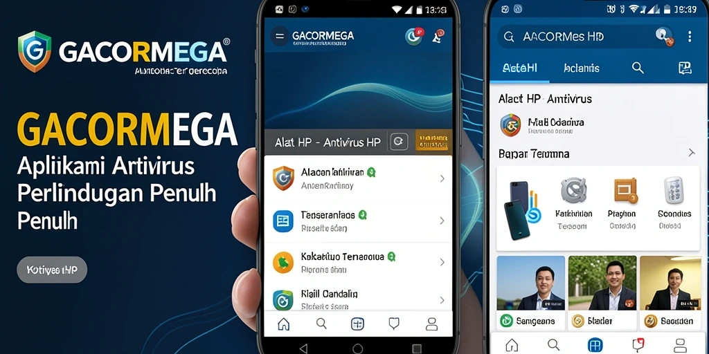 Tampilan antarmuka utama GACORMEGA dengan fungsi perlindungan Antivirus HP.